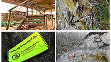 Bauarbeiten rund um die seit Jahren gesperrte Marienschlucht: (von links oben nach rechts unten) das Treppenmodell, eine Absperrung, ein ...