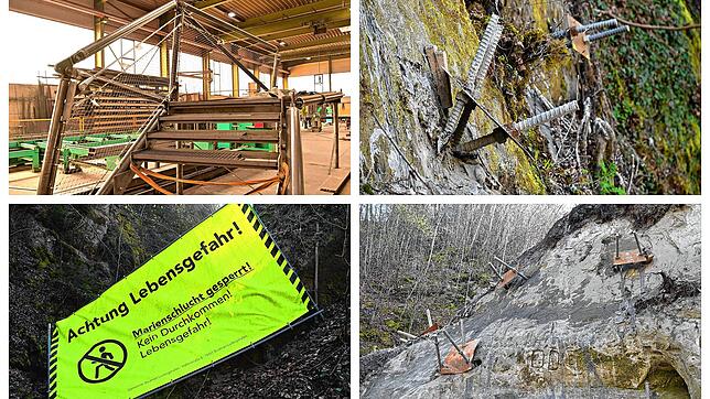 Bauarbeiten rund um die seit Jahren gesperrte Marienschlucht: (von links oben nach rechts unten) das Treppenmodell, eine Absperrung, ein ...