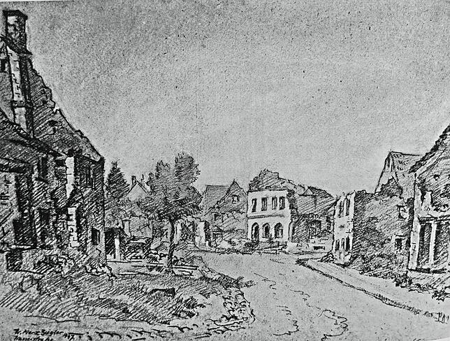 1947, Blick in die Wasserstraße: W. Merz-Ziegler hielt diese Situation zwei Jahre nach Kriegsende in dieser Zeichnung fest.
