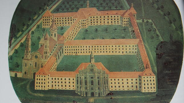 Die barockisierte Vorgängerkirche des Doms (links) und die Klosteranlage, dargestellt wahrscheinlich auf einer Schmucktafel über der Tür ...