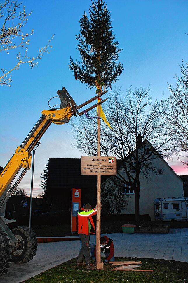 Zum Schluss wird der Bürgermeisterbaum mit Hölzern gesichert, so wie das auch beim Narrenbaum oder Weihnachtsbaum geschieht. Den könne ...