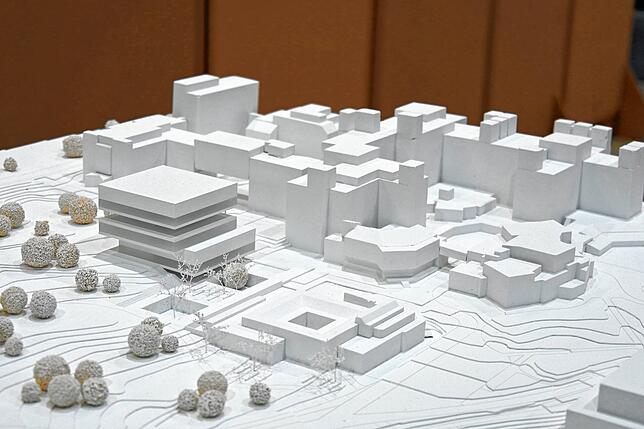 Das Bild zeigt das 3D-Modell des Planungskonzepts der Code Unique Architekten GmbH für das Forum Konstanz.
