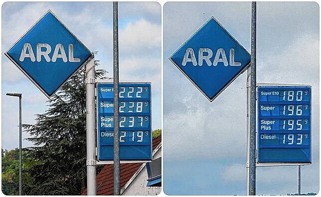 Bei der Aral-Tankstelle in Stühlingen ist der Preisunterschied zwischen Dienstag, 31. Mai (links) und Mittwoch, 1. Juni, mit 40 Cent ...