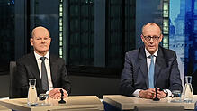 Bundeskanzler Olaf Scholz (SPD) und Friedrich Merz (CDU), bei der „Berliner Runde“ von ARD und ZDF.