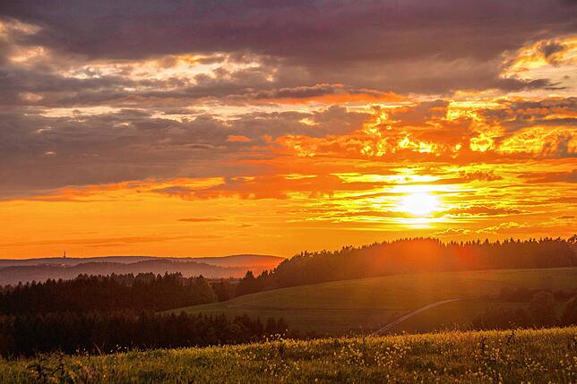 Von den Tengen aus geht der Blick westwärts Richtung Schweiz, wo sich am fernen Horizont der Randenturm bei Schleitheim abzeichnet.