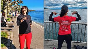 Geschafft: Nachdem Tatjana Ratheisky von Konstanz aus losgelaufen ist, kommt sie nach 220 Kilometer wieder dort an (rechtes Bild). Mit ...