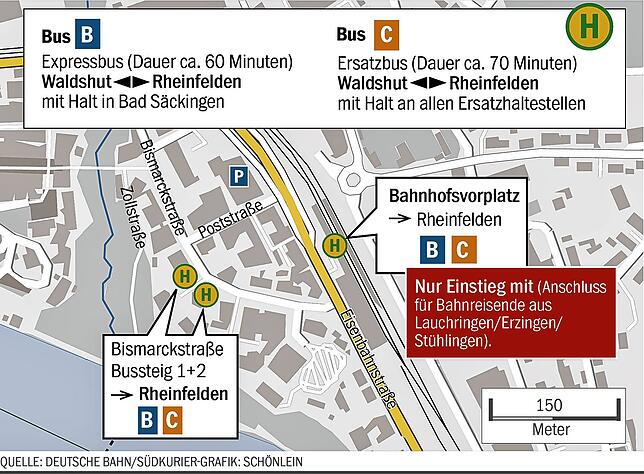 Bild 2: Bahnfahrer aufgepasst! Ab 9. August ist die Hochrheinstrecke zwischen Waldshut und Rheinfelden dicht