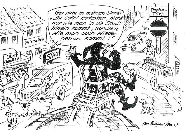 Eine Karikatur aus der Feder von Karl Rudigier, die Anfang 2002 zur Einbahnstraßenregelung in der Oberstadt entstand.