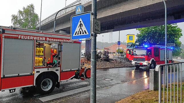 Zwei Löschfahrzeuge bei einer Überflutung im Kreuzungsbereich Hagelrainstraße und Alte Wolterdingerstraße.
