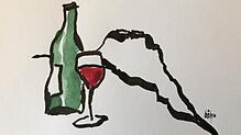 Original-Skizze von Joachim Böhm: Der Hohentwiel mit einem Gläschen Rotwein davor.