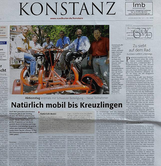 Mit dem Conference Bike warben die Verantwortlichen der Städte Konstanz und Kreuzlingen für den Aktionstag „Natürlich mobil“, wie der ...