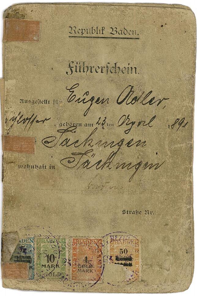 Eugen Adler war einer der ersten motorisierten Wehrer: Im Bild sein Führerschein – ausgestellt von der Republik Baden.
