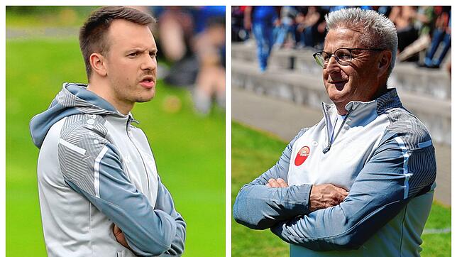 Blicken voller Spannung auf das Derby: der Radolfzeller Trainer Steffen Kautzmann (links) und sein Singener Kollege Ingo Kastler. Foto: ...