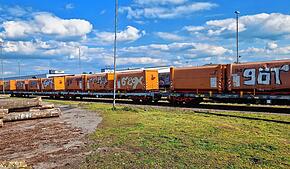 Der Müllzug steht abfahrbereit am Singener Industriebahnhof. In den orangen Containern befindet sich der Restmüll des gesamten ...