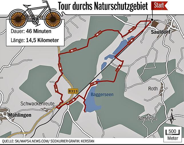 Die Tour Sauldorfer Seen verläuft auf einigen schattenspendenden Waldwegen.