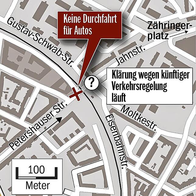 Bild 1: Stopp am Bahnübergang! Hier wird die Radstraße nach den Ferien für Autos dicht gemacht