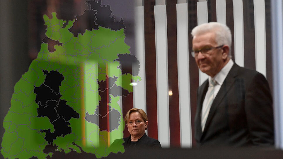 Landtagswahl in Baden-Württemberg - Reaktionen Grün und Schwarz färbt sich die Karte mit den Wahlkreisen in Baden-Württemberg bei der Landtagswahl 2021. Die Köpfe hinter den Farben: ...