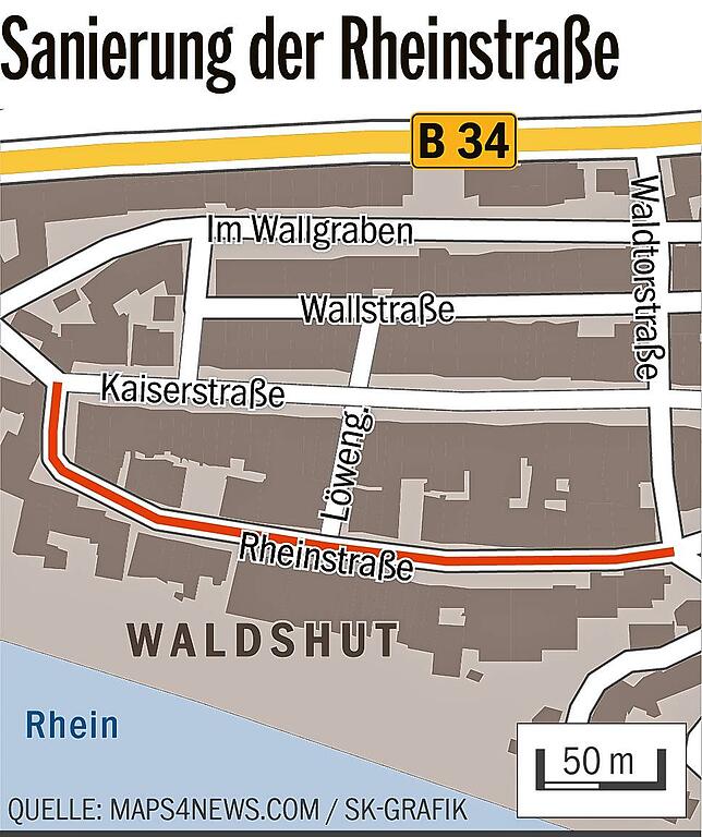 Die Rheinstraße verläuft parallel zur Kaiserstraße.
