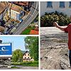 Oben links ein Luftbild der alten Schlossbrauerei vom März 2023, unten links ein aktuelles Foto des Bereichs Schlosshöfe und rechts ...