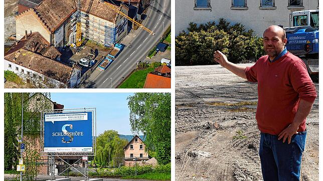 Oben links ein Luftbild der alten Schlossbrauerei vom März 2023, unten links ein aktuelles Foto des Bereichs Schlosshöfe und rechts ...