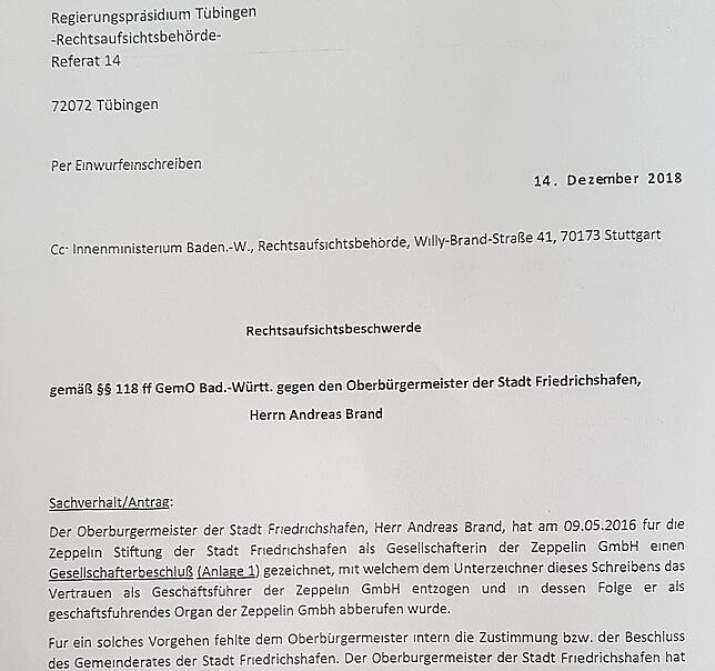 Dem SÜDKURIER liegt der gesamte Schriftsatz der Rechtsaufsichtsbeschwerde vor. Hier das Deckblatt.
