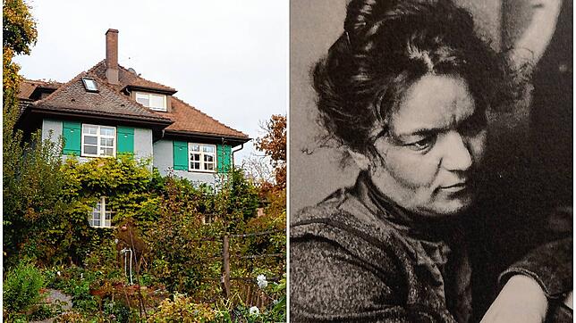 Links das Hesse-Haus in Gaienhofen, rechts Mia Hesse, aufgenommen von Tuccia Bernoulli, ihrer Schwester im Jahr 1909. Mia lebte in dem ...