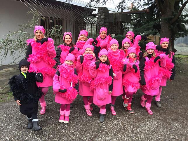 2018 verkleideten sich die Familiengruppe Höfler als pinke Flamingos.