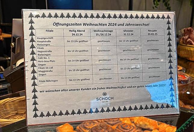 Die Bäckerei Schoch informiert Kunden mit dieser Übersicht über ihre Öffnungszeiten zwischen den Jahren.