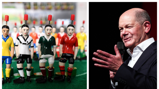 Tipp-Kick-Figuren in Weltmeisterschaftstrikots: Bald wird Bundeskanzler Olaf Scholz den Hersteller in VS-Schwenningen besuchen.