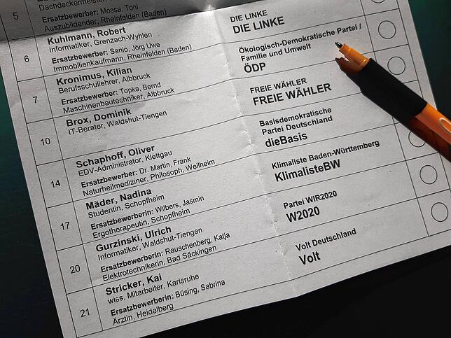 Unter dem Falz des Stimmzettels des Wahlkreises Waldshut finden sich die Bewerber von sieben bisher nicht im Landtag vertretenen Parteien.