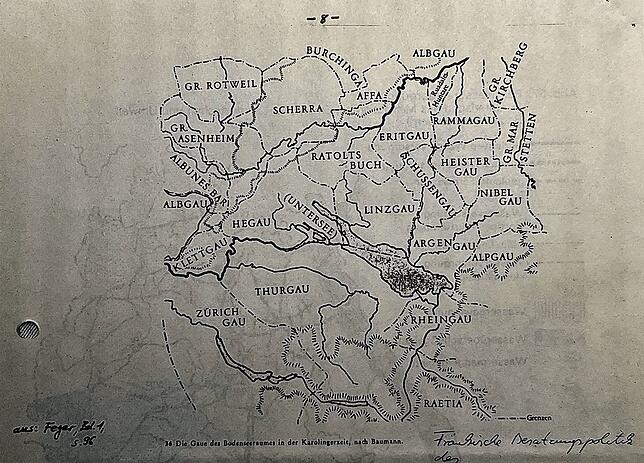 Eine Karte aus dem Feger Band 1 zeigt, wie der Lehnsbrief aus 1382 die Grenzen des Linzgaus beschreibt.