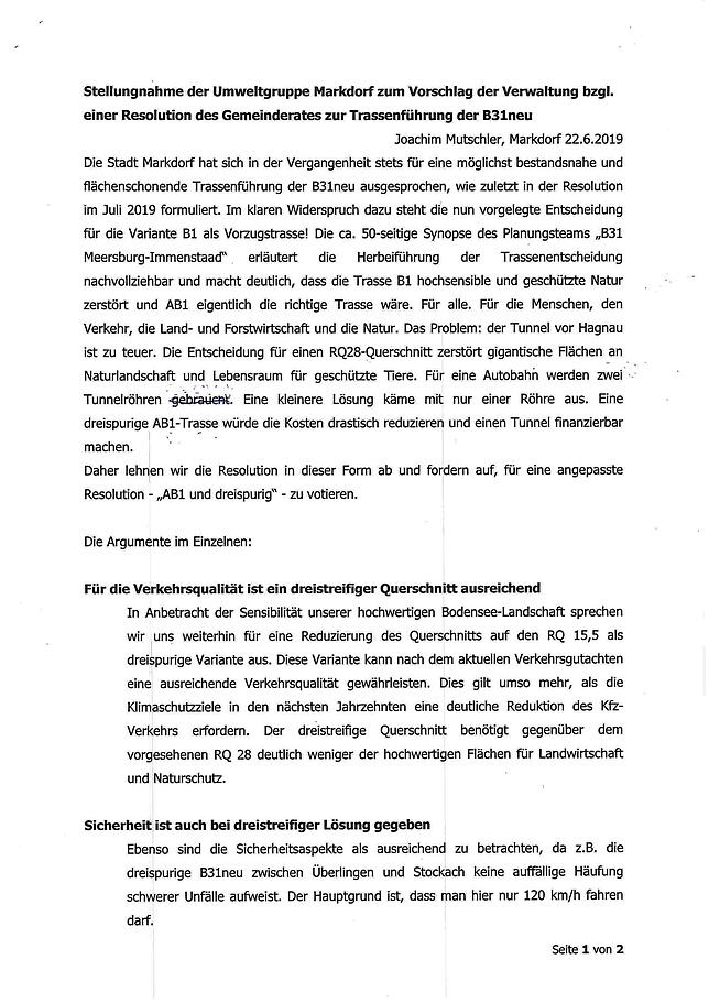 Seite 1 der Stellungnahme der Umweltgruppe zur Markdorfer B&nbsp;31-neu-Resolution.