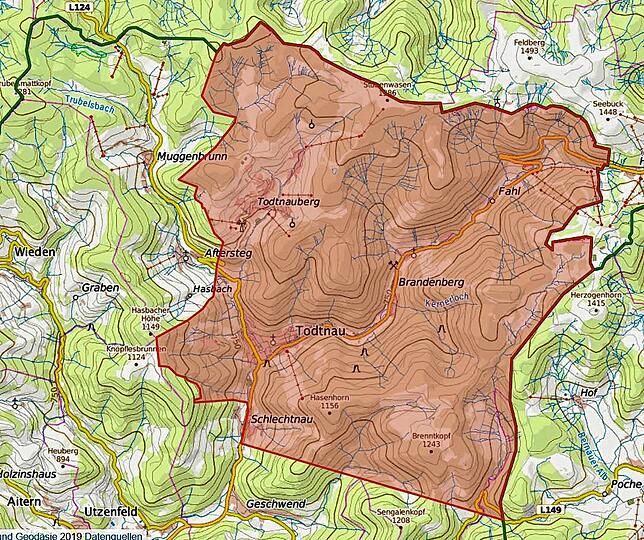 Geflügelpest: Sperrgebiete (rot) und Beobachtunggebiet (blau) im Landkreis Lörrach (Stand der Information:2. April 2021).