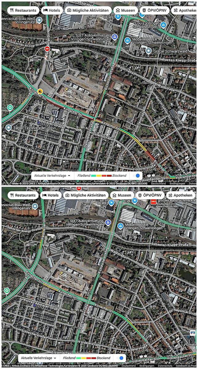 Die Verkehrslage um 12 Uhr: oben am 7. Januar, unten am 25. März.