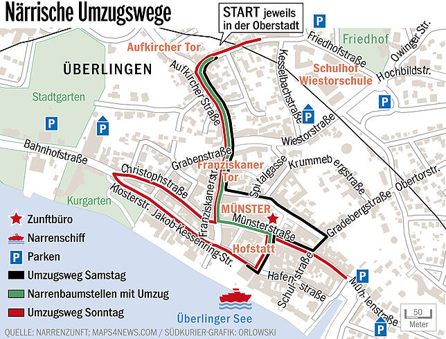 Die Wege der drei Umzüge während des Narrentags: Am Samstagvormittag das Narrenbaumsetzen, der Nachtumzug am Abend und der große Umzug ...