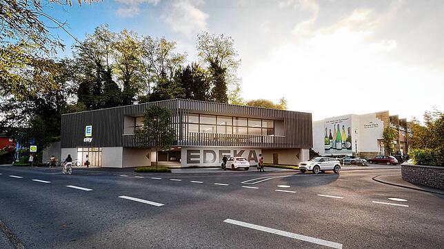 Wie in der vom Architekturbüro dargestellten Visualisierung könnte ein geplanter Edeka-Neubau an der Ecke Daisendorfer Straße und ...