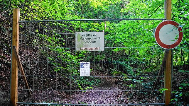 Unmissverständlicher Hinweis auf Gefahren, die am Uferweg zwischen Wallhausen und Marienschlucht lauern können. Links ist gut zu ...