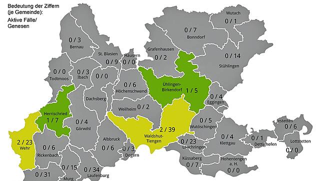 Zahlen der aktiven Fälle und der Genesenen in den Gemeinden im Landkreis Waldshut am 17. Mai 2020, Stand 15 Uhr.