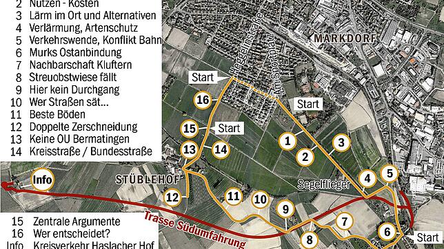 Das ist die Wegstrecke des rund fünf Kilometer langen Rundweges im Markdorfer Süden. Das Aktionsbündnis gegen die Südumfahrung hat an 16 ...