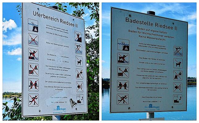 Mal darf man, mal darf man nicht. Die Stadt Hüfingen hat am Riedsee ähnlich aussehende Schilder mit unterschiedlichen Botschaften ...