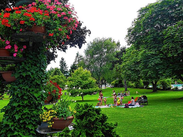 Gepflegte Liegewiesen mit altem Baumbestand und vielen Blumen zeichnen das Hilzinger Freibad aus.