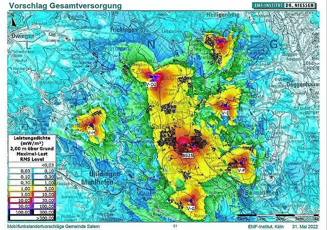 So könnte eine Mobilfunkversorgung für Salem mit seinen Teilorten aussehen. Nur die Basisstation BS25 ist vorhanden, sie steht auf dem ...