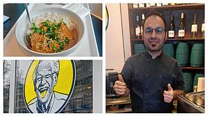 Mitarbeiter Ibo Hussain steht im Saba Deli und serviert die Gerichte – unter anderem Chicken Tikka Masala. Das Logo der Snack-Bar im ...