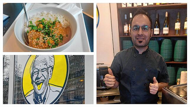 Mitarbeiter Ibo Hussain steht im Saba Deli und serviert die Gerichte – unter anderem Chicken Tikka Masala. Das Logo der Snack-Bar im ...