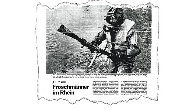 Der Zeitungsausriss zeigt Paul Muser nach einem Tauchgang im Rhein bei Säckingen 1960. Die Taucher der französischen Spezialfirma ...