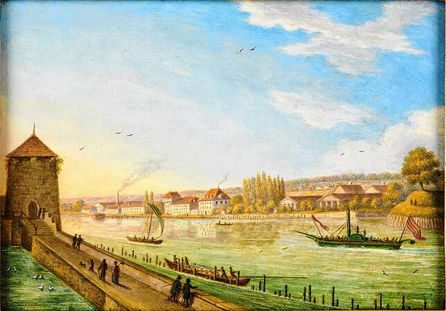 Die Fabrikanlagen der Schweizer Textilfärberei Gabriel Herosé in Konstanz um 1841. Die hier verarbeitete Baumwolle stammte aus nord- und ...