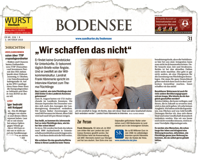 &bdquo;Wir schaffen das nicht&ldquo; &ndash; so titelte der SÜDKURIER am 2. Oktober 2015 in einer ersten Bilanz, die der Landrat im ...