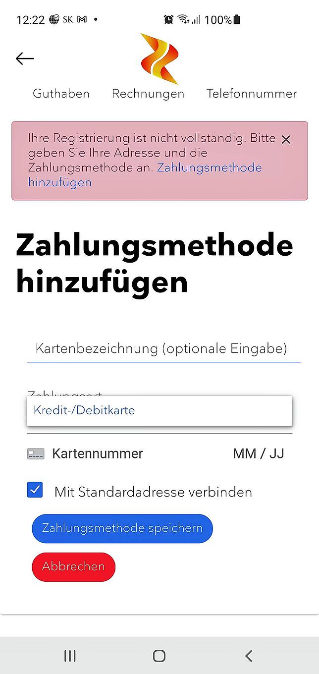 Screenshot von Zeus-App: Als Zahlungsmethode lässt sich hier nur eine Kreditkarte hinzufügen. Ist alles korrekt eingerichtet, erscheint ...