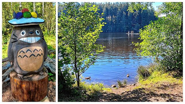 Mit fantasievoll geschnitzten Holzfiguren und einem Badesee ist für Abwechslung gesorgt.