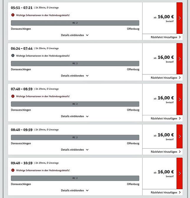 Der Screenshot zeigt: Jede zweite Verbindung der Schwarzwaldbahn fällt aus – hier beispielhaft Montag,19. Juni. Im Online-Fahrplan ...